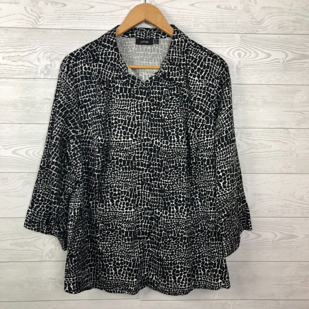 Apt 9 Women's 2X Printed Button Front Shirt 3/4 Sleeve Collared Top Black White